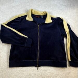 Vintage Oleg Cassini Womens Retro Velour Track Jacket Full Zip Blue Gold Size L